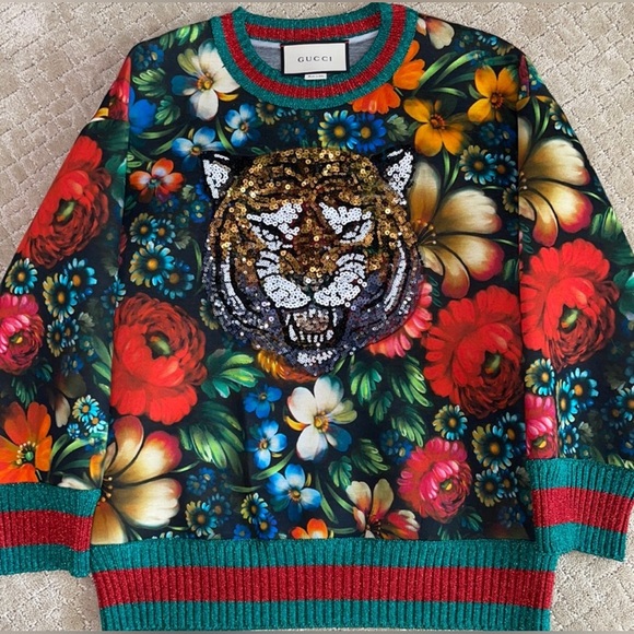 Gucci Multicolor Floral Cotton Tiger Sequin Embellished Sweatshirt Size XS - Picture 3 of 8